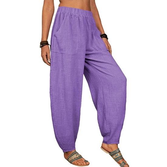 Women Casual Pants Elastic High Waist Solid Color Harem Pants with Pockets Loose