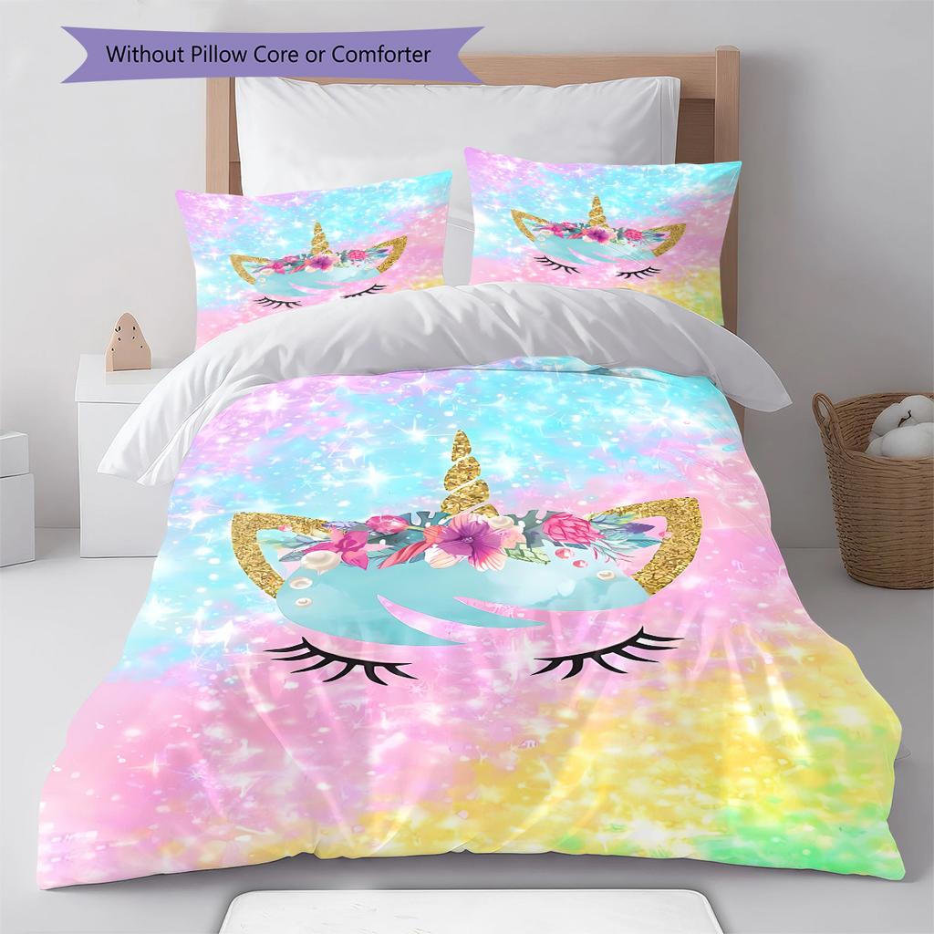 Colorful Uni-horse Pattern Bedding Quilt Set Quilt Cover Pillowcase Home Decoration Gift (1 * duvet cover + 2 * pillowcase, without core)