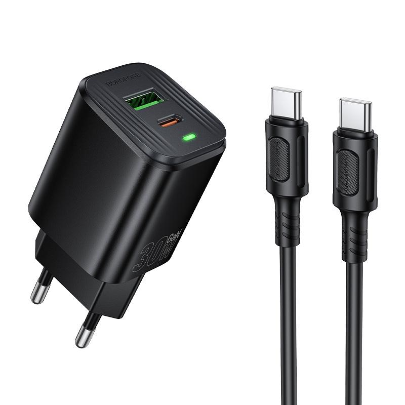 Двухпортовое быстрое зарядное устройство BAS85A: PD30W и QC3.0 с двумя портами Type-C, EU Круглая вилка