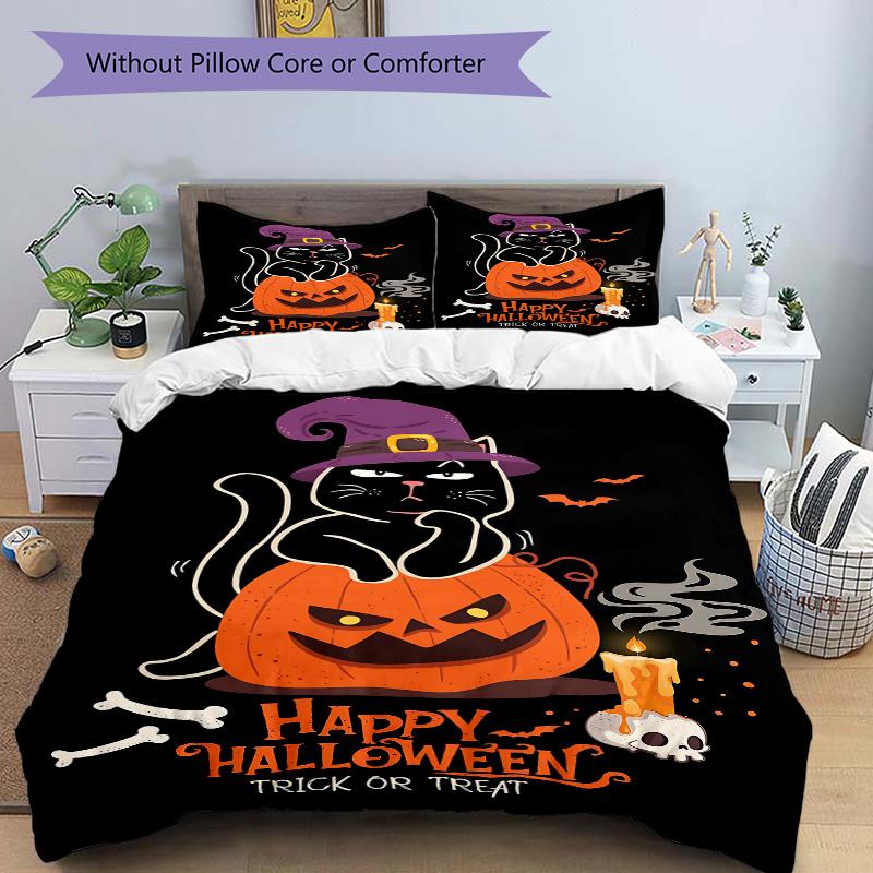 3pcs Trick or Treat cat & Pumpkin Halloween Bedding Set - Includes Quilt Cover and Pillowcases, Suitable for All Seasons N094