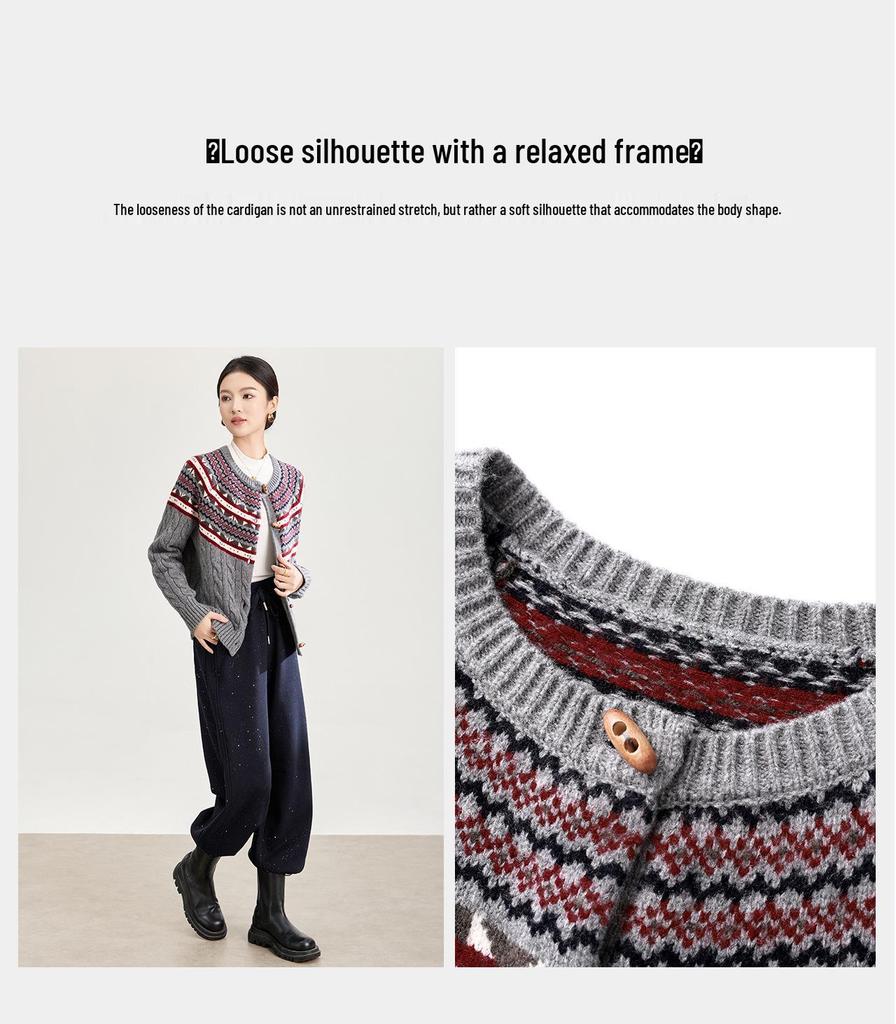 Retro Fair Isle Jagged Knit Wool Thick Cardigan Sweater