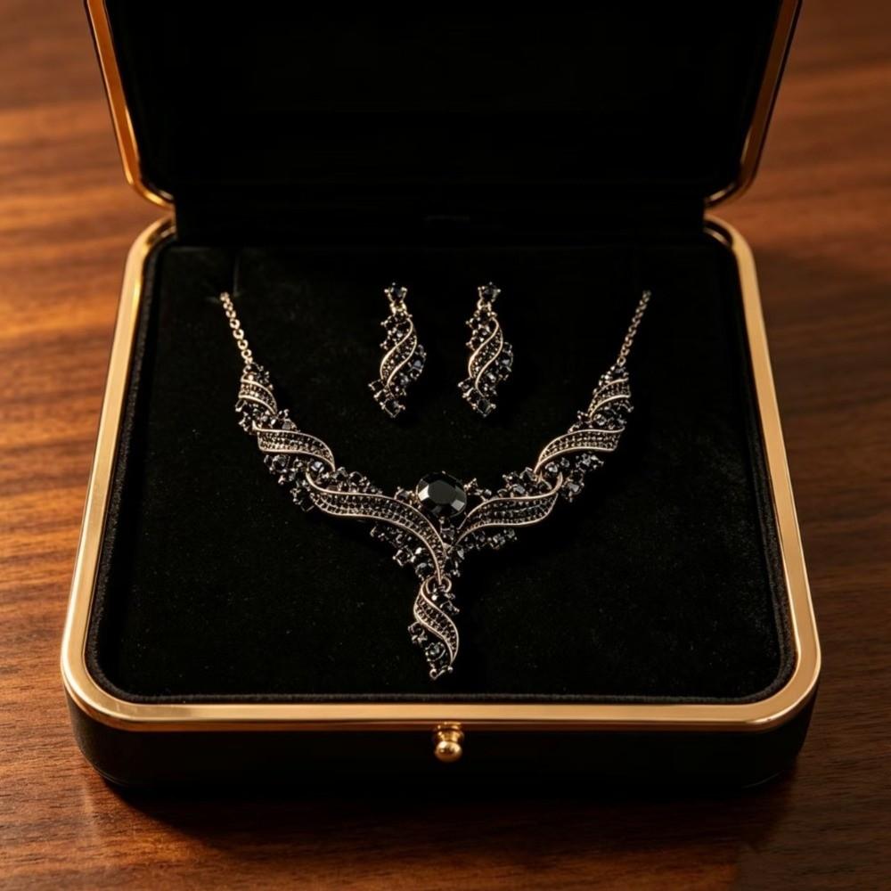 Colorful Rhinestone Jewelry Set Copper Electroplated Gold Clavicle Chain Earring Set Luxury