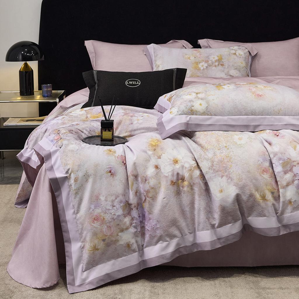 Light luxury and high-end all cotton brushed thickened warm autumn and winter four piece set - Huaxijian Purple