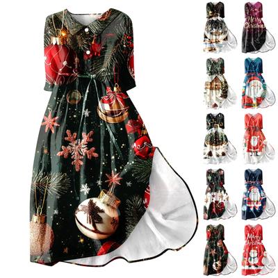 Женское модное платье с рождественским принтом, застегивающееся на пуговицы, с манжетами длиной семь четвертей и бретельками
