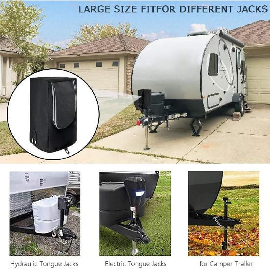 Electric Tongue Jack Cover- 3 Layer Oxford Fabric Universal Trailer RV Electric Tongue Jack Protective Cover- Adjustable Drawstring With D Rings (18