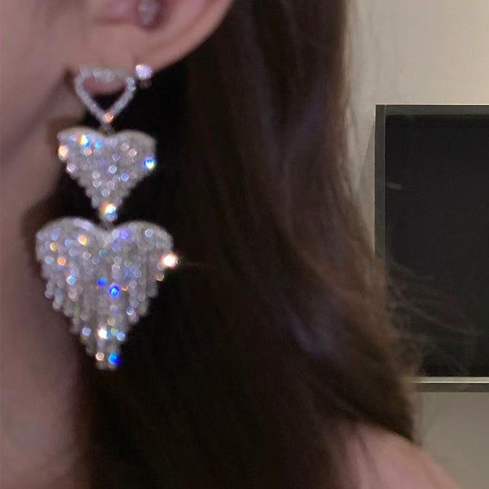Premium‑Sense Full‑Diamond Love Fringed Earrings, Flash‑Diamond Exaggerated Heart Earrings, Trendy Versatile Party Women Earrings