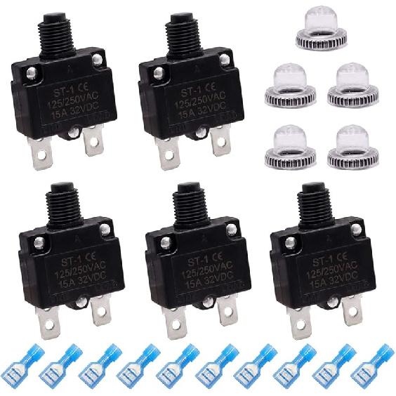 Mxuteuk 5Pcs 3,5,10,15,20Amp Circuit Breakers Push Button Manual Reset 125/250V AC 32V DC,Overload Protector Switch Thermal Circuit Breakers With