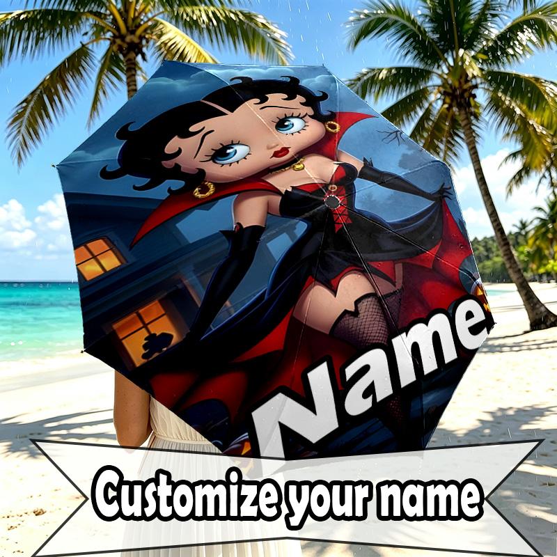 Custom Name Personalized Betty Boop Print Umbrella, Auto Open Close, 8‑Rib Sturdy Frame, Commute Camping Hiking Use, Birthday Gift