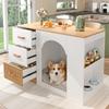Kitchen Island, with 3 Drawers, with Rest Area for Pets, Without Feeding Bowl and Without Pet Cushion, White and Wood Look, 120 X 60 X 90 Cm