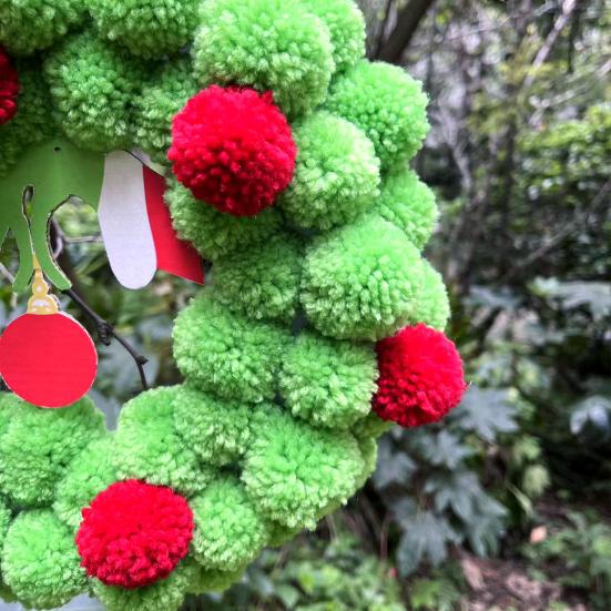 13 Inch Christmas Green Elf Wreath for Front Door Plush Pompom Ball Wreath with Wooden Elf Hand for Winter Wall Window Fireplace Door Tree Decor