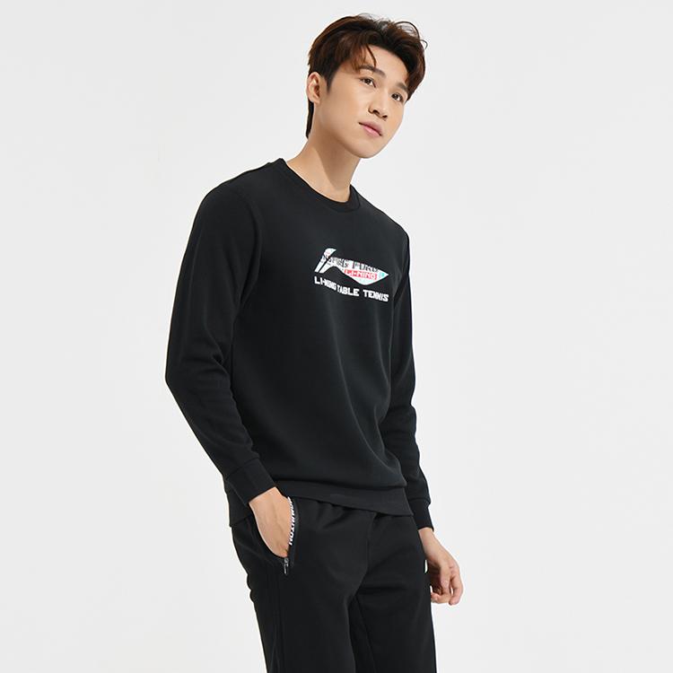 Li-Ning Ping Pong Series Solid Color Cotton-Feel Basic Sport Casual Crew Neck Long Sleeve Sweatshirt Unisex Sweatshirt Black AWDT281-2