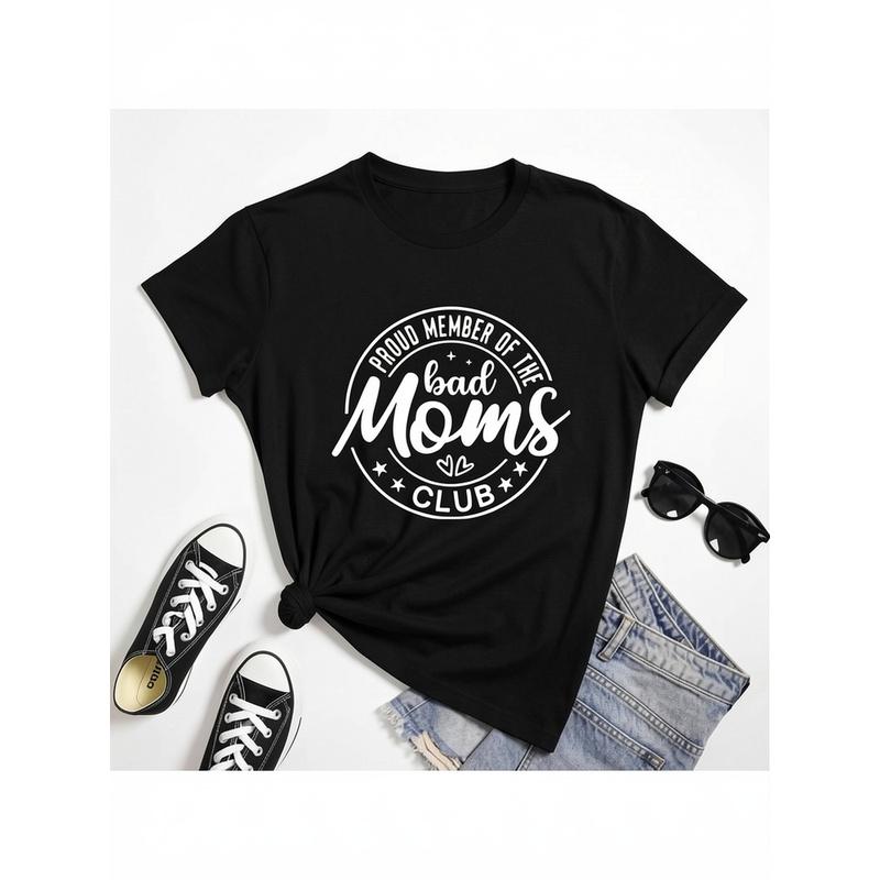 Proud Member Of The Bad Moms Club T-Shirt | Fashion Women Crewneck Short Sleeve Tshirt, Sarcastic Mother'S Day Gift Tee, Geometric Pattern, Casual