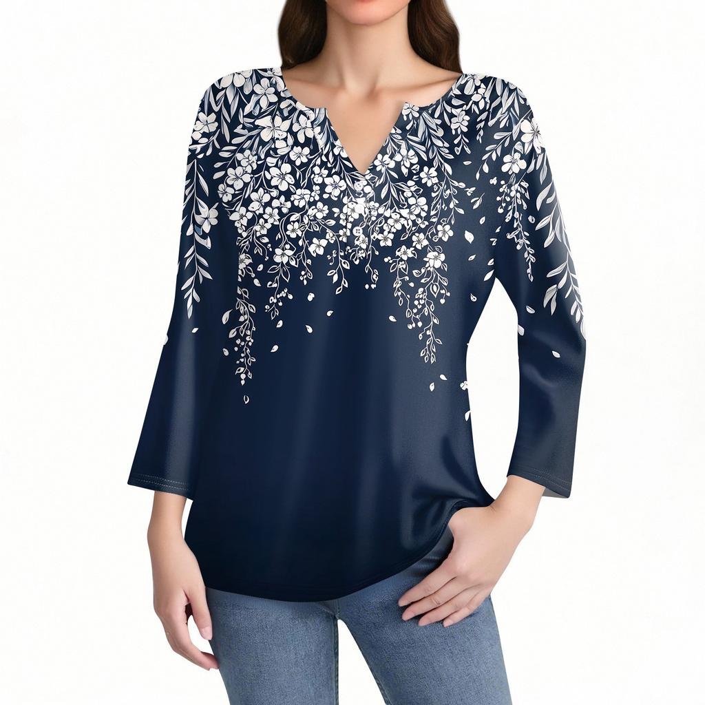 Жен. Футболка С принтом Пуговицы Рукав 3/4 Повседневные Выходные Мода Классический Классический V-образный вырез Обычный Верх