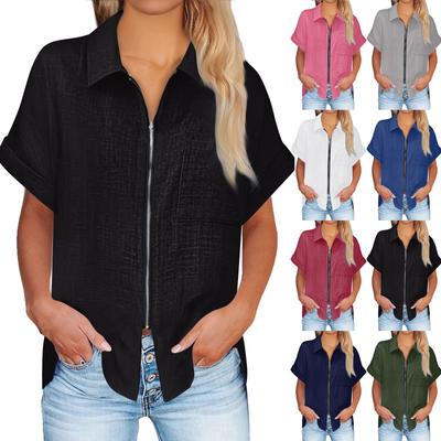 Женский летний топ с коротким рукавом, модная повседневная одежда, рубашка с застежкой-молнией и короткими рукавами