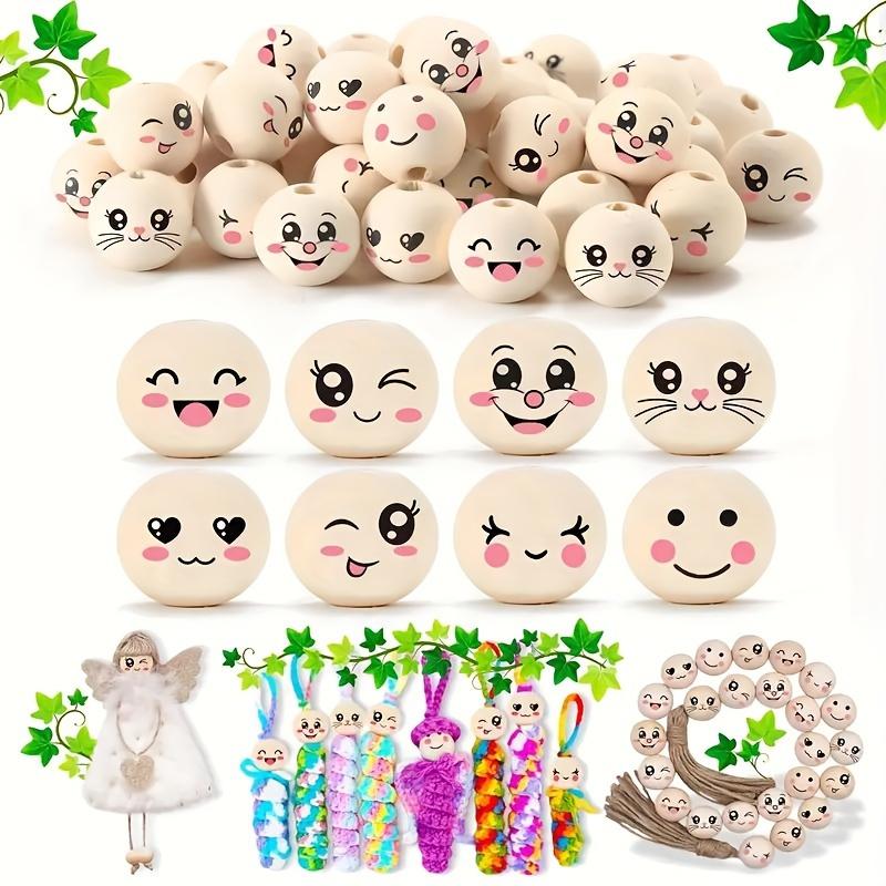 50 20mm wooden beads with holes - cute cartoon faces and animal designs for DIY crafts, keychains, necklaces, bracelets - includ