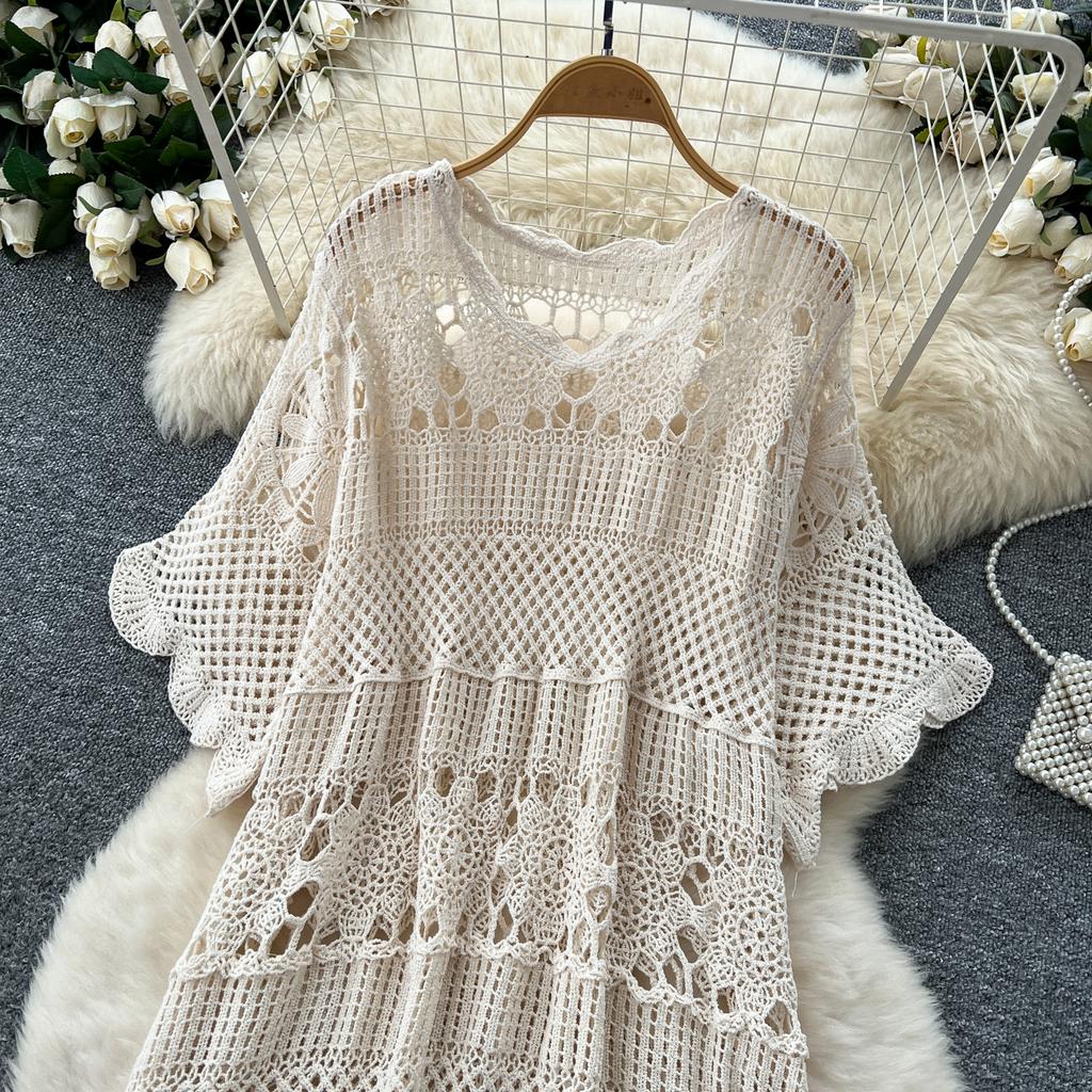 Dimanaf 2025 Новое летнее женское длинное трикотажное платье с рукавами Базовые модные кружевные платья Повседневные свободные