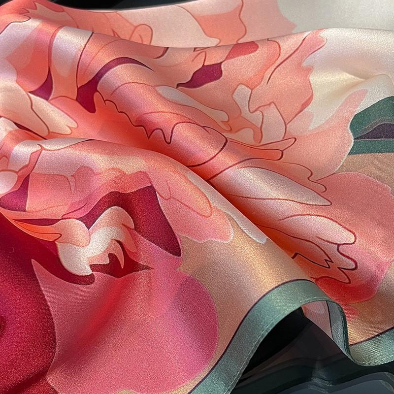 100% Silk Square Scarf Women Lightweight Floral Print Accessory 53x53cm Pink Peony Design