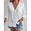 2025 Новая Мода Женская Плюс Размер Свободная Футболка с V-образным вырезом и длинным рукавом Повседневная Элегантная Блузка Однотонного Цвета на Весну Лето