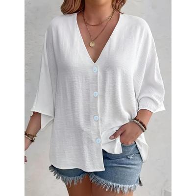 2025 Новая Мода Женская Плюс Размер Свободная Футболка с V-образным вырезом и длинным рукавом Повседневная Элегантная Блузка Однотонного Цвета на Весну Лето