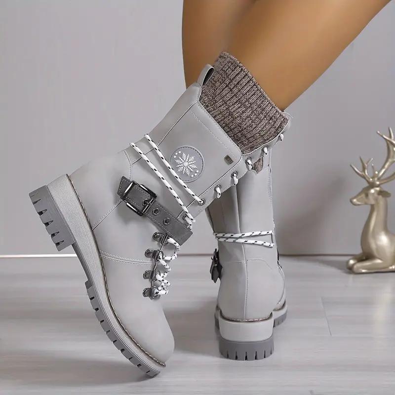 Женские модные термосапоги до середины икры, вязаные ботинки на шнуровке с боковой молнией, универсальные уличные ботинки