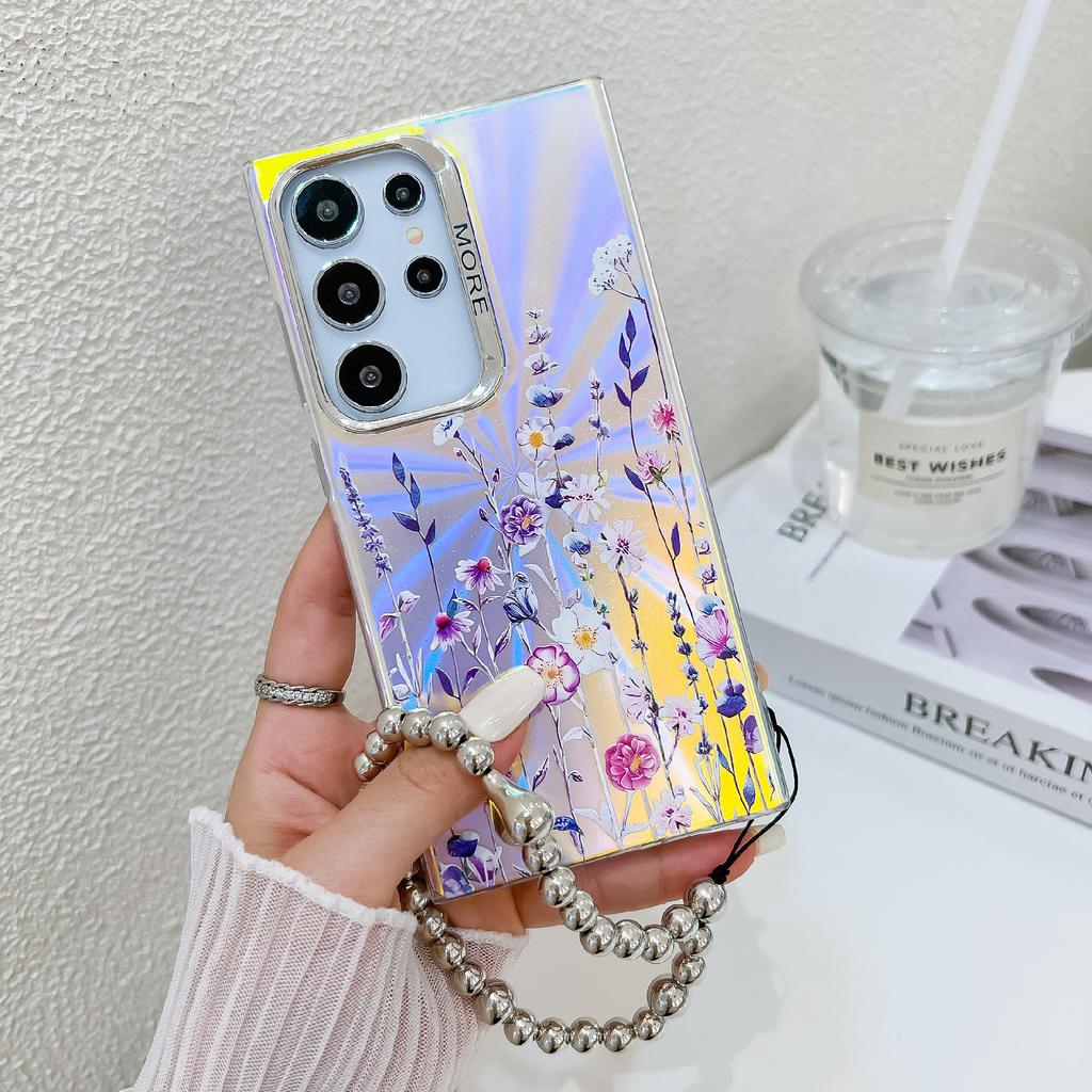 Для Samsung Galaxy S24 Ultra чехол TPU+PC цветочный узор лазерная текстура чехол для телефона с браслетом из бисера
