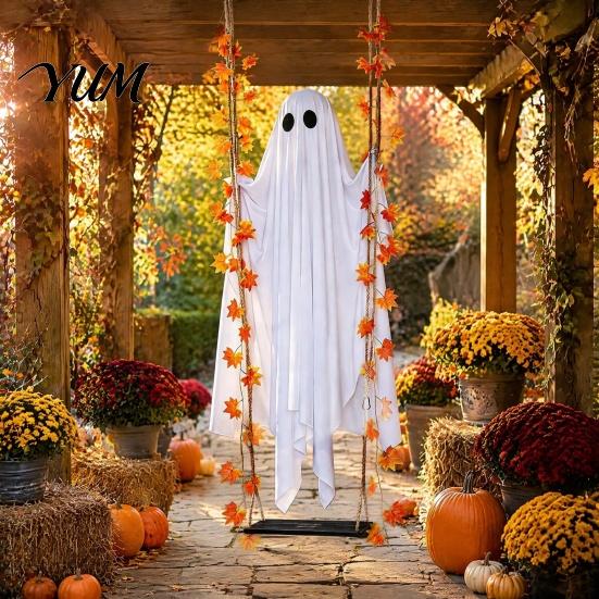 Decorative Festival Ghost Items Light Up Hanging Swinging Halloween Decoration with Remote Control, Large White Spooky Outdoor Yard Decor Ornament