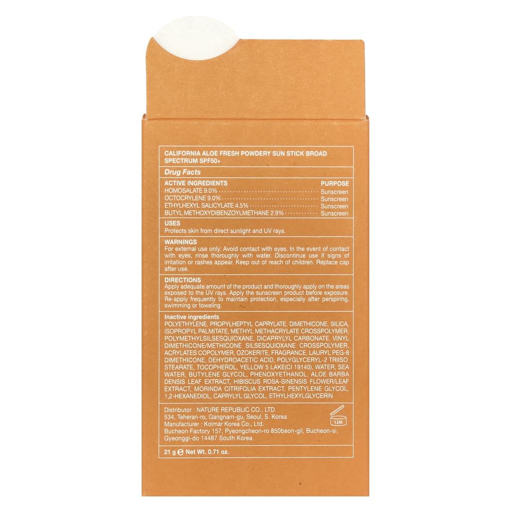 Солнцезащитный стик с пудрой California Aloe Fresh, SPF 50+, 21 г(0,71 унции)