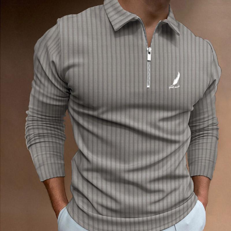 Spring and Autumn Men's Striped Printed Zipper Long Sleeve Collar Polo Shirt Breathable and Comfortable Daily Men's Top