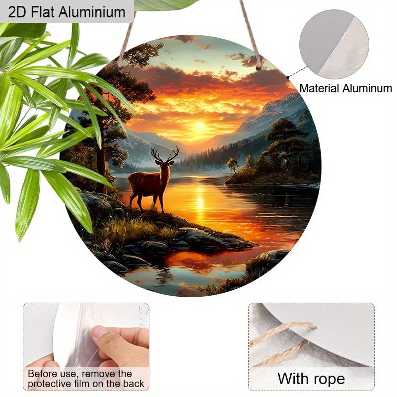2D Flat Adorable Fawn Christmas Wreath Aluminum Sign -Fawn By The Lake in The Sunset in The Forest Design, Humorous and Festive Christmas Decoration