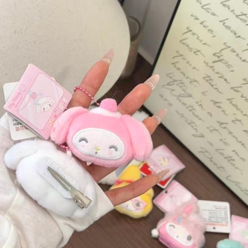 My Melody Plush Keychain Hairpin Cute My Sweet Piano Head Shape Bowknot Fluffy Plush Hairpin Barrettes Bangs Clip Girls