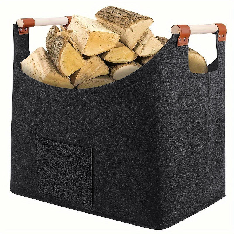 Felt Basket Firewood Box with Wooden Handles Foldable Firewood Basket Storage Basket for Firewood Wood Newspapers Clothes