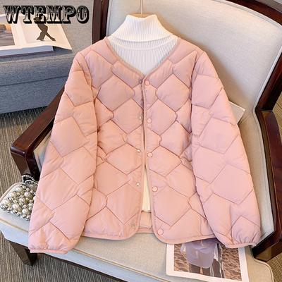 Женская куртка из пуха и хлопка, универсальный зимний силуэт с круглым вырезом, хлопковая куртка с ромбовидным узором для тепла