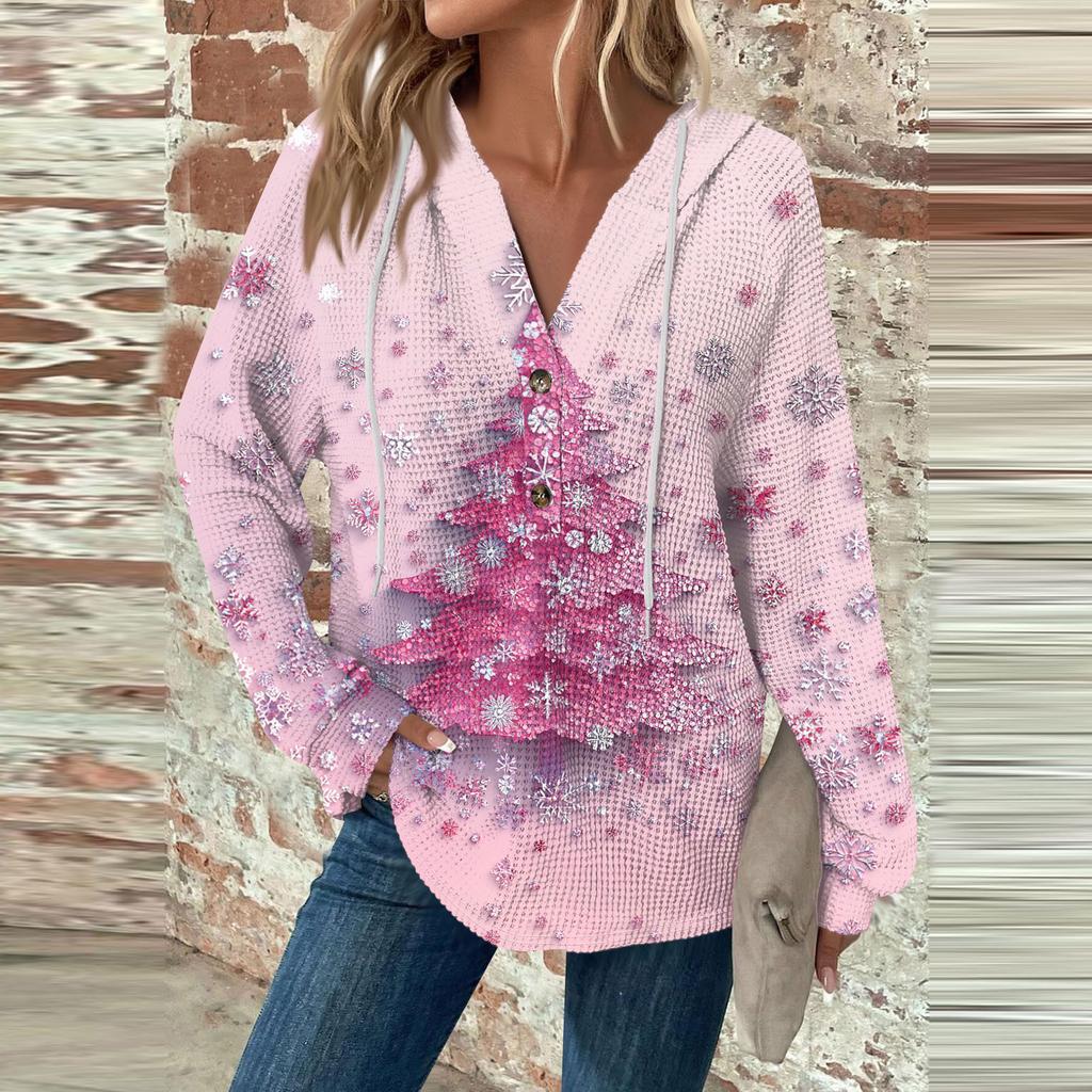 Женская мода с длинным рукавом, завязками на шнурке, капюшоном, пуговицами, V-образным вырезом, повседневная толстовка с капюшоном и рождественским принтом