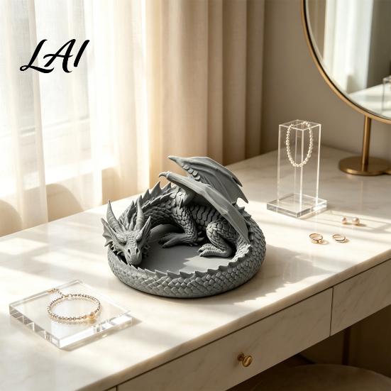 Ring Storage Tray 3D Printed Dragon Jewelry Tray Coiled Figurine Key Bowl Fantasy Necklace Display Stand Desktop Organizer for Earrings Necklaces,