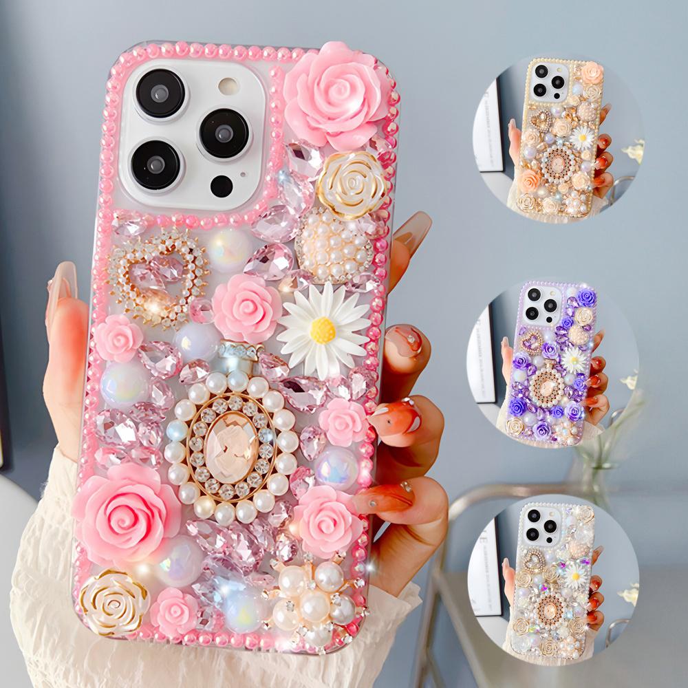 Glitter Bling Floral Phone Case For VIVO V50 Lite Pro V50E V29E V40E V30E V27E 4G 5G 3D Rose Pearl Rhinestone Cover Girls Gift