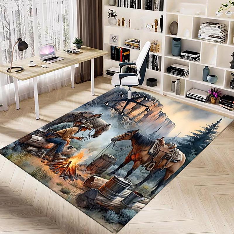 1PC Cowboys Campfire Non-Slip Floor Carpet Compatible for Office&Living Room&Bedroom&Dining room - Flat- Soft & Pattern, Vibrant Colors-W243