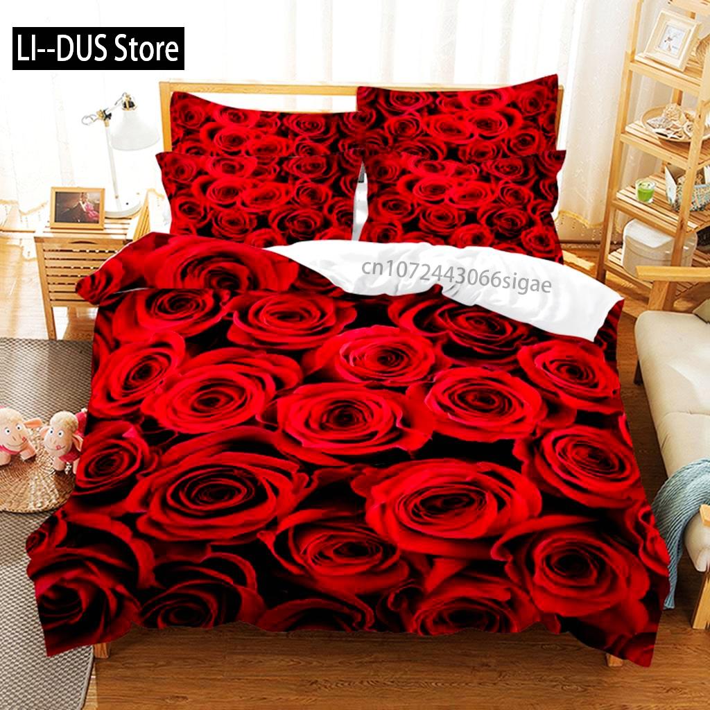 Red Rose Duvet Cover Comforter Pillow Case King Queen Size Flower Theme Valentine's Day Present For Women Room Decorations Gifts