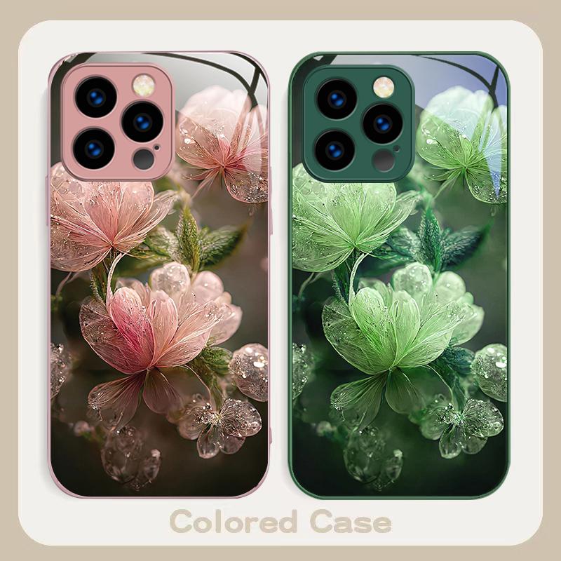 Розовый Хрустальный Цветок Для iPhone 16 E 15 14 13 Plus 12 mini 11 Pro Max XR Xs Max X 7 8 Plus 6 6S 22 Закаленное Стекло Чехол для Телефона