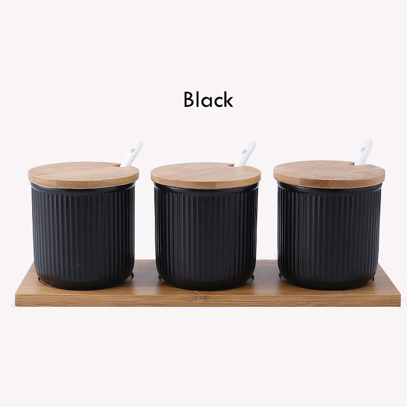 Керамическая банка для хранения приправ, соли, сахара, специй, перца с бамбуковой крышкой, поддон для 3 баночек для приправ с ложками