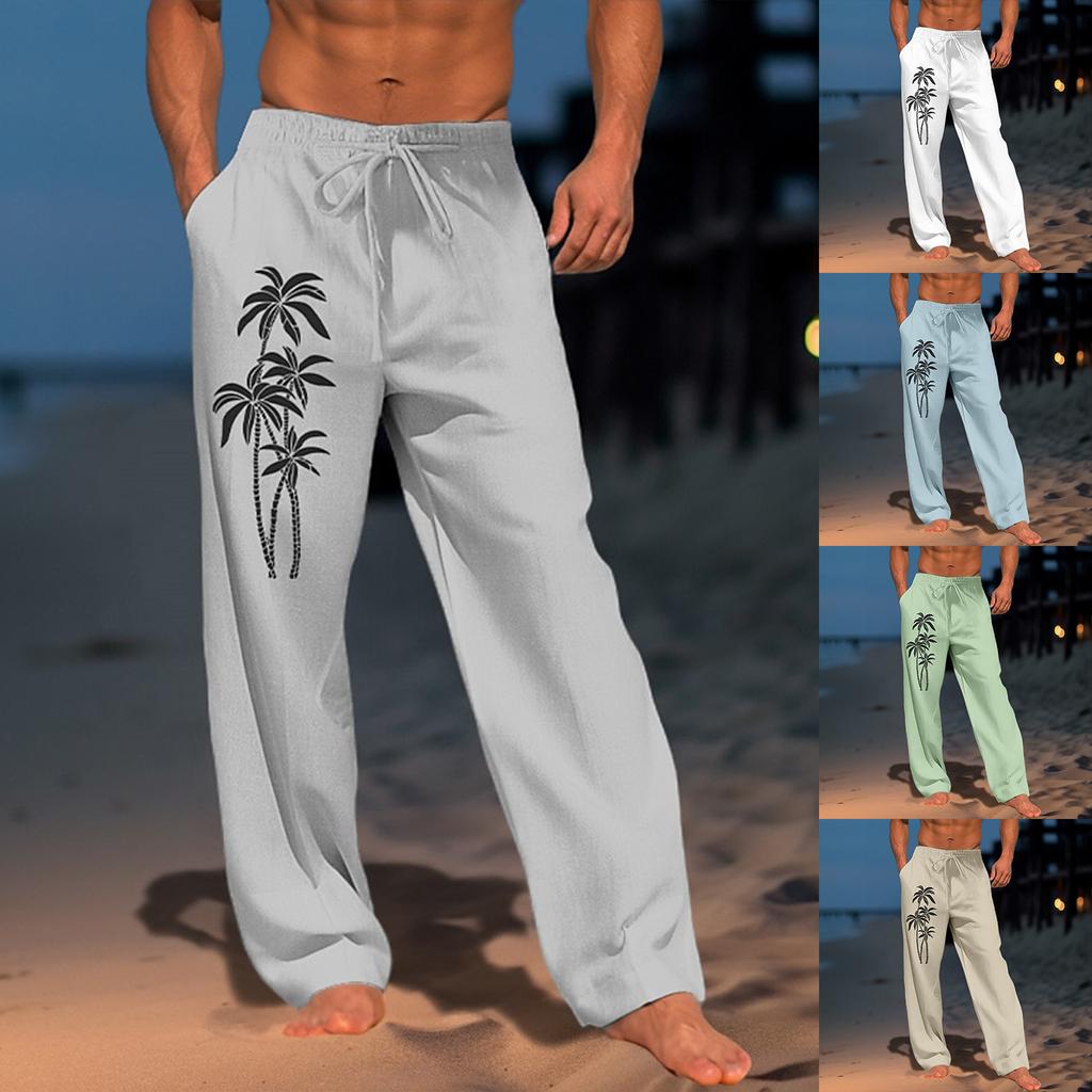 Men's Casual Loose And Comfortable Casual Pants Cotton Linen Printed Drawstring Trousers