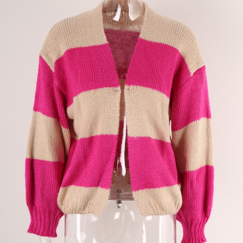 Autumn and Winter Women's Cardigan Sweater Patchwork Colour Block Cardigan Knit Jacket