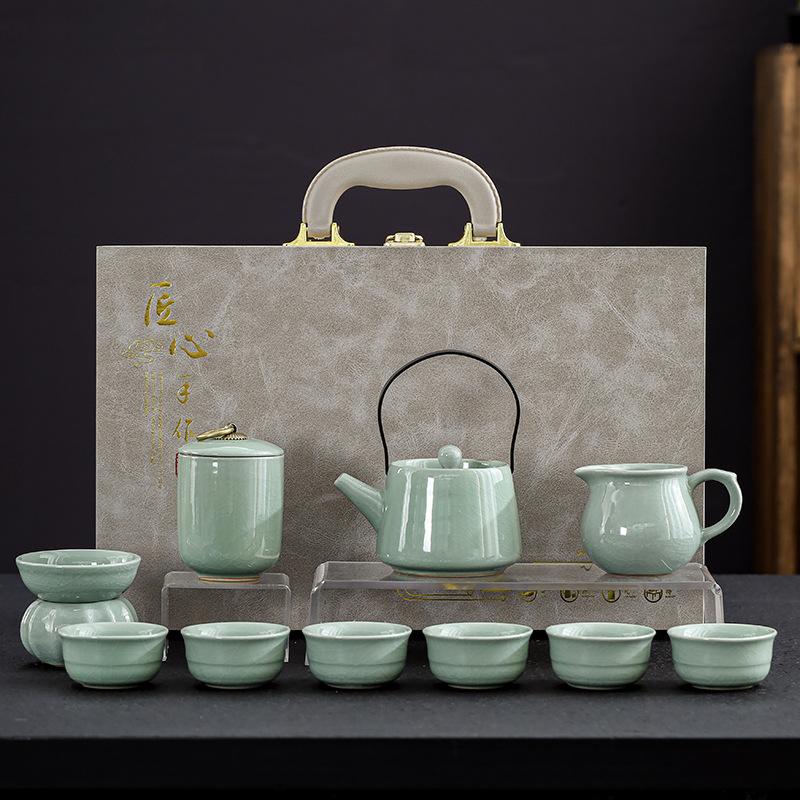 Mid-Autumn Festival Gifts Ru Kiln Tea Set Home Office Ceramic Gift Box Complete Set Tea Set Teapot Cover Bowl Full Set