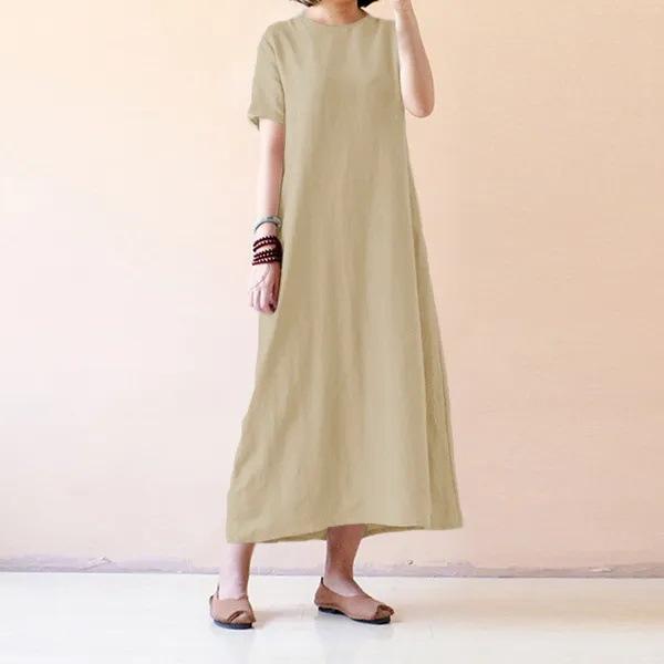 New Women's Summer Short-sleeved Tunic Solid Color Casual Loose Party Long Dress