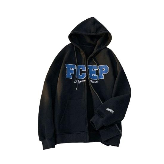 Мужское осенне-зимнее пальто с капюшоном, свободный кардиган на молнии с капюшоном и вышитыми буквами, верхняя одежда