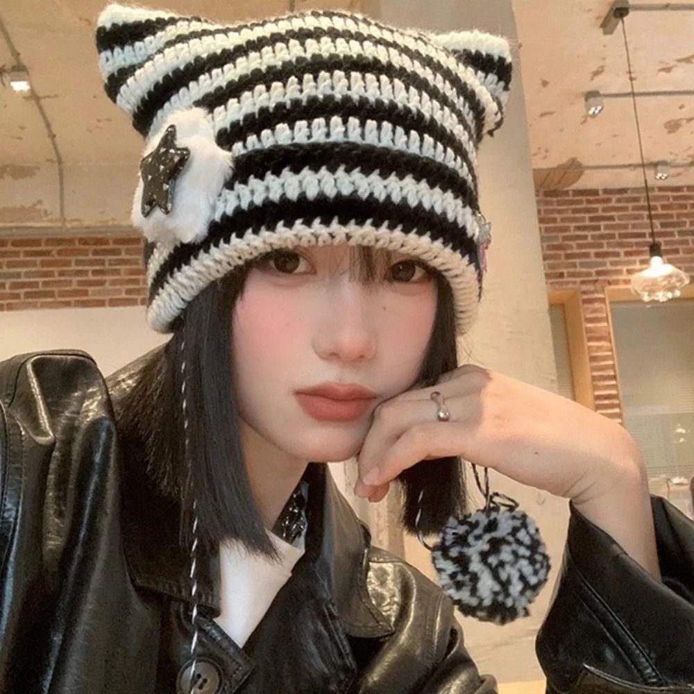 Y2K Cat's Ears Knitted Hat Harajuku Woolen Hat Cute Warm Cap Apparel Accessories