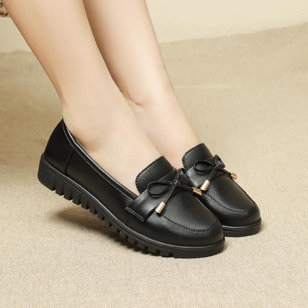 Женские черные нескользящие рабочие туфли KFC из натуральной кожи — удобные повседневные туфли на плоской подошве для мам