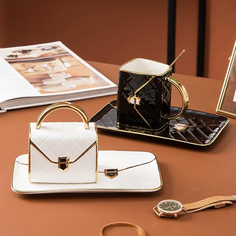 Роскошный европейский керамический кофейный набор – кружка в форме сумки с блюдцем и ложкой