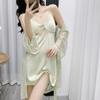 Summer New Women 2PCS Robe Nightgown Set Sexy Hollow Out Perspective Bathrobe Intimate Lingerie Silk Satin Home Dress Loungewear