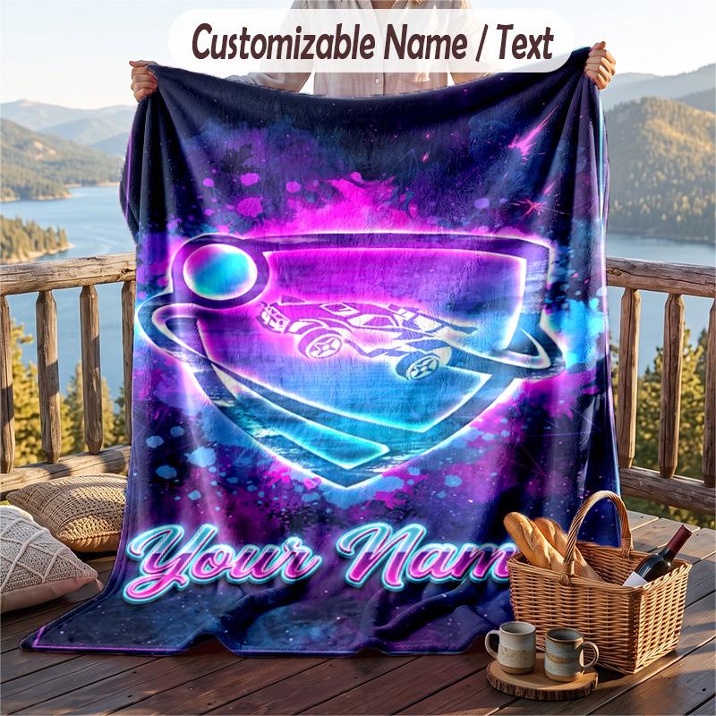 Rocket League Flannel Blanket, Personalized Custom Name Text, Soft Warm Plush Throw Blanket For Gift