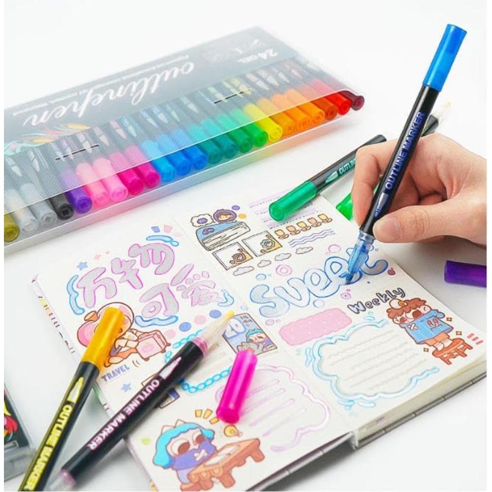 Fantasy Glitter Dual-Line Outline Pen, 8/12/24/36 Set Outline Markers, Self-Draw Outline Metallic Markers